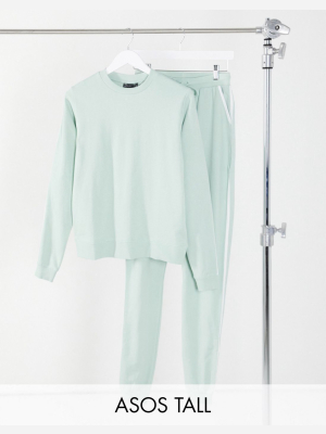 Asos Design Tall Tracksuit Sweatshirt / Basic Sweatpants With Contrast Binding In Organic Cotton In Sage Green