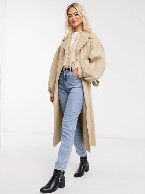 Asos Design Extreme Sleeve Trench Coat In Stone