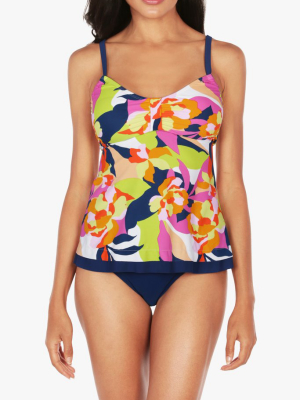 Caribbean Joe Abstract Floral Babydoll Tankini Top