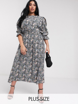 Never Fully Dressed Plus Midaxi Skater Dress With Balloon Sleeve Detail In Blue Floral Print