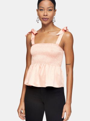 Peach Tie Shoulder Shirred Top