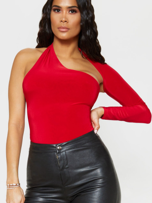 Red One Shoulder Asymmetric Bodysuit