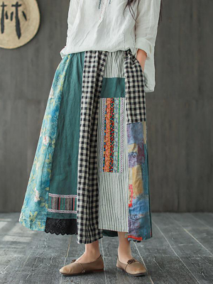 Plus Size - Irregular Print Spliced Casual 100% Linen A-line Skirt