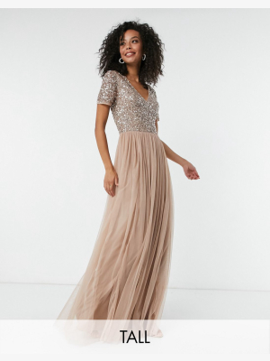 Maya Tall Bridesmaid V Neck Maxi Tulle Dress With Tonal Delicate Sequins In Taupe Blush