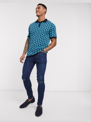 Asos Design Knitted Polo Shirt With Geo Pattern In Blue