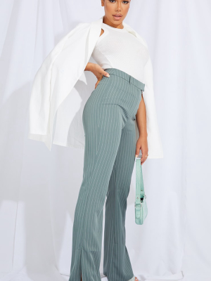 Teal Pinstripe Woven Printed Wide Leg Split Hem...