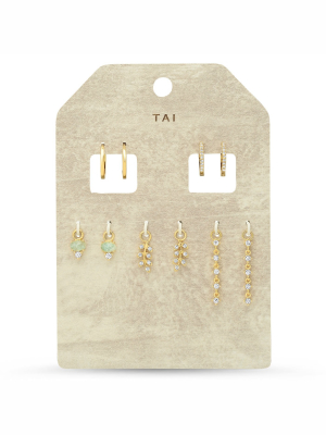 Tai Set Of 5 - Interchangeable Charms - Simple Gold Huggies, Cz Huggies, Leaf Charms, Cz Drop Charm And Green Stone Charm