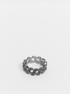 Asos Design Ring With Crystal Chain In Silver Tone
