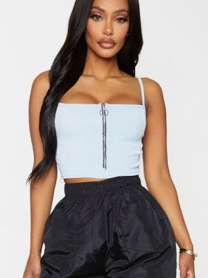 Shape Dusty Blue Ribbed Zip Front Strappy Crop Top