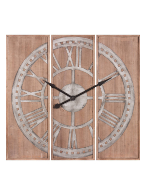 38" Triptych Panel Wooden Roman Numerical Wall Clock Brown - Patton Wall Decor