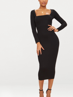 Black Square Neck Long Sleeve Midaxi Dress