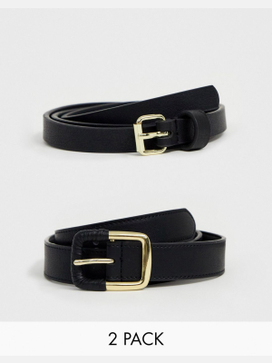 Asos Design 2 Pack Skinny Waist Belt And Jeans Belt