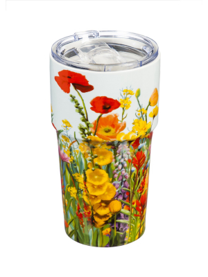 Evergreen Flag Double Wall Ceramic Companion Cup With Tritan Lid, 13 Oz, Floral Fields