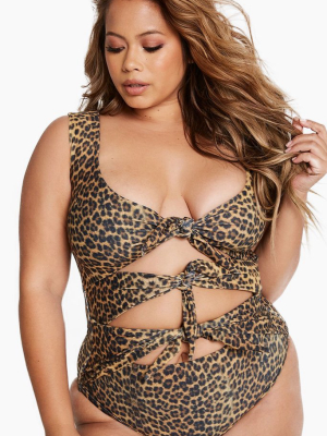 Goddess Knot Cut Out One Piece Swimsuit (curves) - Leopard Animal Print