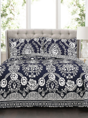 3pc Floral Rosetta Quilt Set Navy - Lush Décor