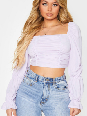 Lilac Crepe Ruched Detail Long Sleeve Crop Top