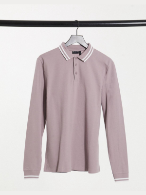 Asos Design Tipped Pique Long Sleeve Polo Shirt In Mauve