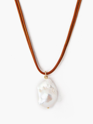 White Baroque Pearl On Leather Cord Necklace