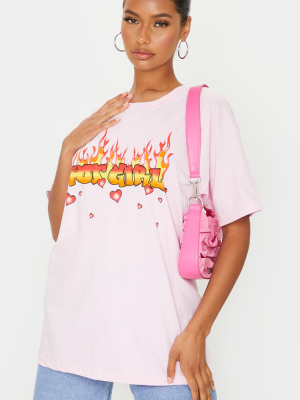 Baby Pink Hot Girl Flame Print T Shirt