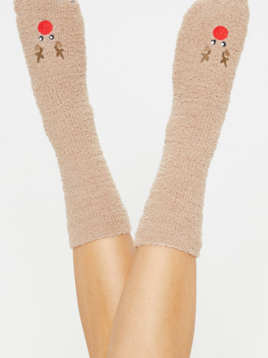 Brown Reindeer Fluffy Socks