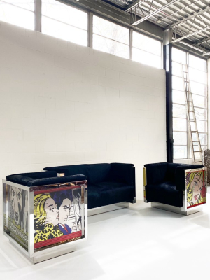 Chrome-plated Loveseat And Lounge Chairs With Lichtenstein Style Art In Brazilian Cowhide