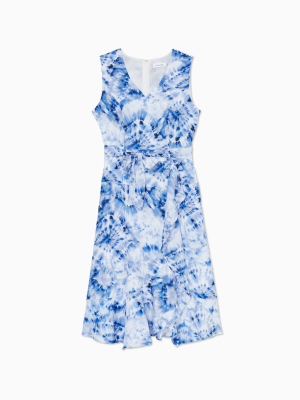 Printed V-neck Sleeveless Belted Ruffle Dress