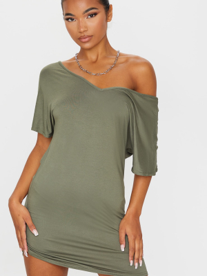 Basic Khaki V Neck T Shirt Dress