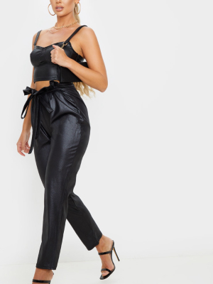 Black Coated Paperbag Waist Pants