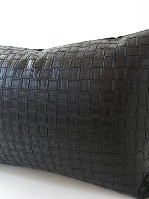 Faux Leather Black Basketweave Lumbar Pillow - 14x22