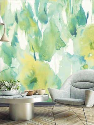 Watercolor Floral Wall Mural In Greens And Yellow-gold From The L'atelier De Paris Collection By Seabrook