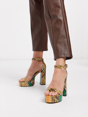 Asos Design Noon Platform Block Heeled Sandals In Snake