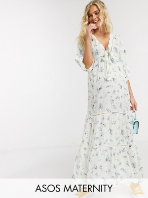 Asos Design Maternity Lace Insert Tie Front Maxi Dress With Kimono Sleeve In Ditsy Floral Print