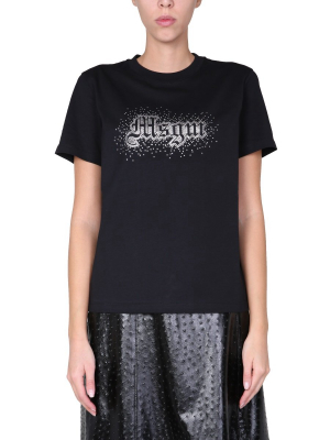 Msgm Rhinestone Logo Crewneck T-shirt