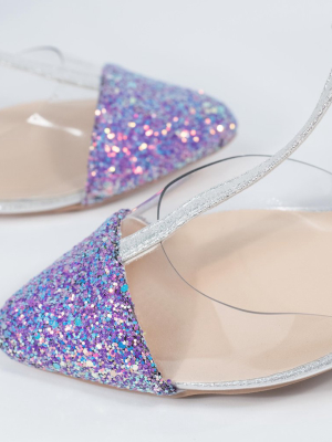 Lilac Purple Glitter & Clear Vinyl T-strap Flats