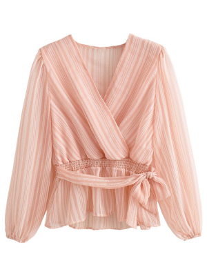 'regina' Striped V-neck Tied Waist Blouse (2 Colors)