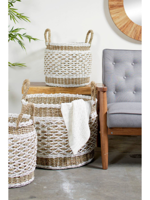 Olivia & May Set Of 3 Large Round Lattice Design Plastic Rope Storage Baskets Natural/white