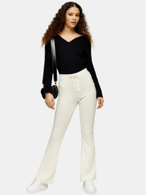 Cream Lace Up Flare Pants