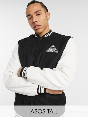 Asos Design Tall Varsity Bomber Jacket With Faux-leather Sleeves In Black And White