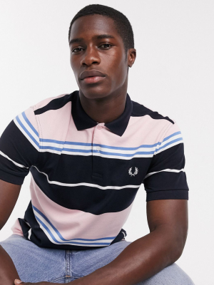 Fred Perry Striped Polo In Navy With Pink