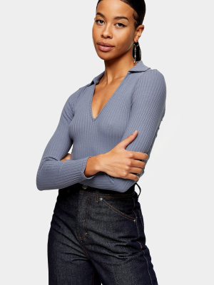 Blue Long Sleeve Ribbed Collar Top