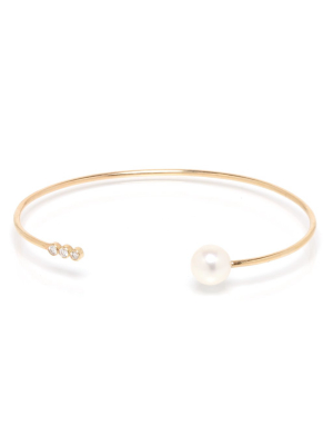 14k 3 Diamond And Pearl Open Cuff