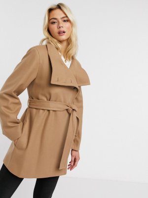 French Connection Funnel-neck Wool Belted Coat In Camel