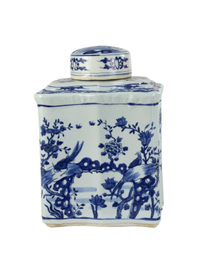 Blue And White Curved Tea Jar, Bird Floral