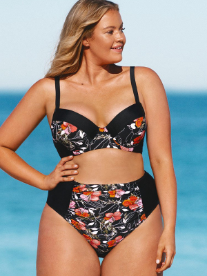 Black Floral High Waisted Plus Size Bikini Bottom