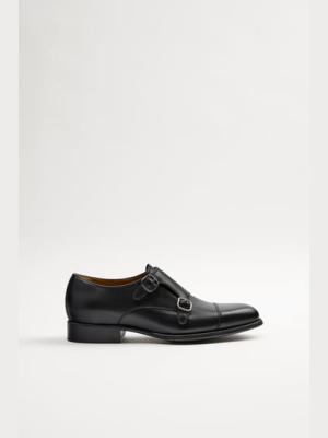 Black Leather Double Buckle Monk Shoes