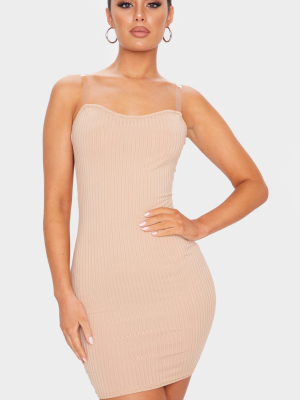 Stone Clear Strap Ribbed Scoop Back Bodycon Dress