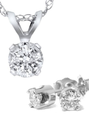 Pompeii3 1 5/8 Carat Diamond Solitaire Necklace & Studs Earrings Set 14k White Gold