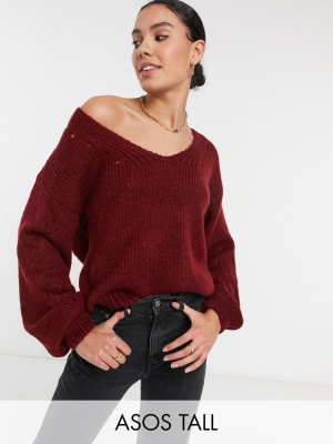 Asos Design Tall Sweater With V Neck And Sleeve Stitch Detail In Red