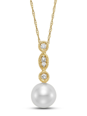 White Pearl & Diamond Millegrain Pendant Necklace