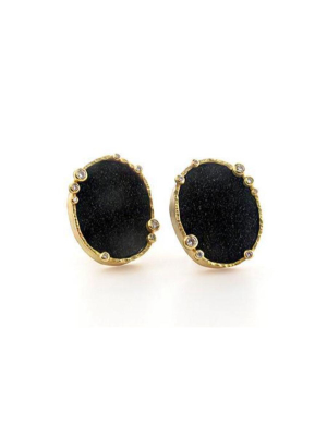 Oval Black Druzy & Diamond Earrings